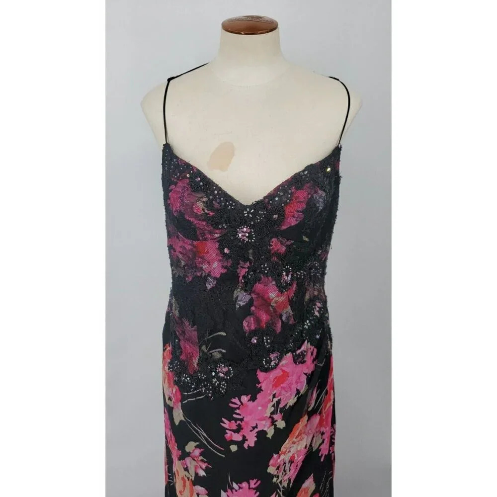 Ricki Freeman Teri Jon Silk Floral Sequin Beaded Halter Maxi Dress Sz 12 - Picture 5 of 16
